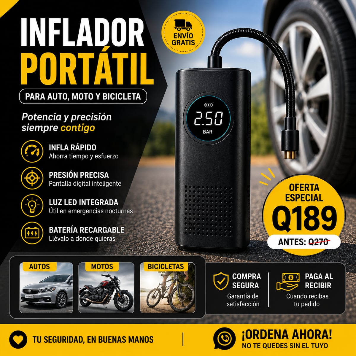 🚗 Inflador Portátil para Neumáticos | Auto, Moto y Bicicleta
