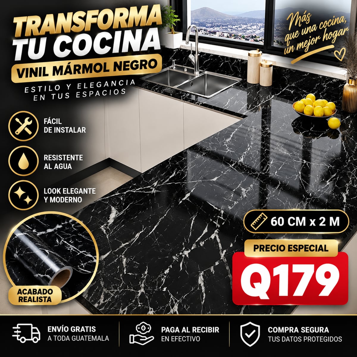 Últimas Unidades | MármolFlex PRO™ | Vinilo Adhesivo Mármol Negro | Envío Gratis