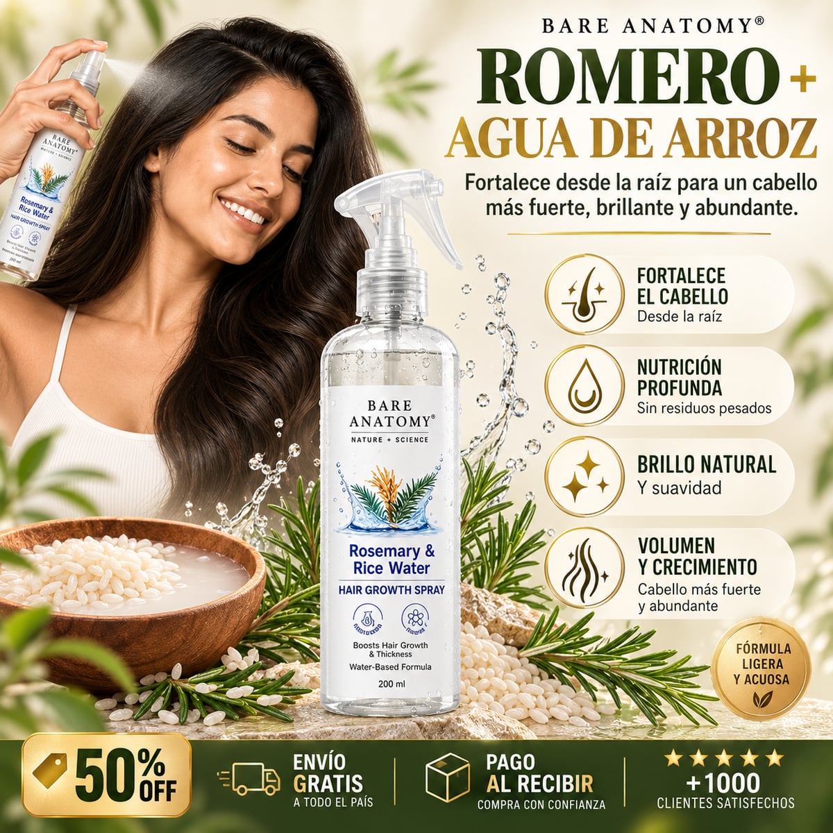 🔥🌿 SPRAY CAPILAR ROMERO + AGUA DE ARROZ™ 200 ML | ¡Dile Adiós al Cabello Débil y Quebradizo! 💆‍♀️ Nutrición Desde la Raíz para un Cabello Más Fuerte, Largo, Brillante y con Mayor Volumen ✨ | 🚚 Envío GRATIS