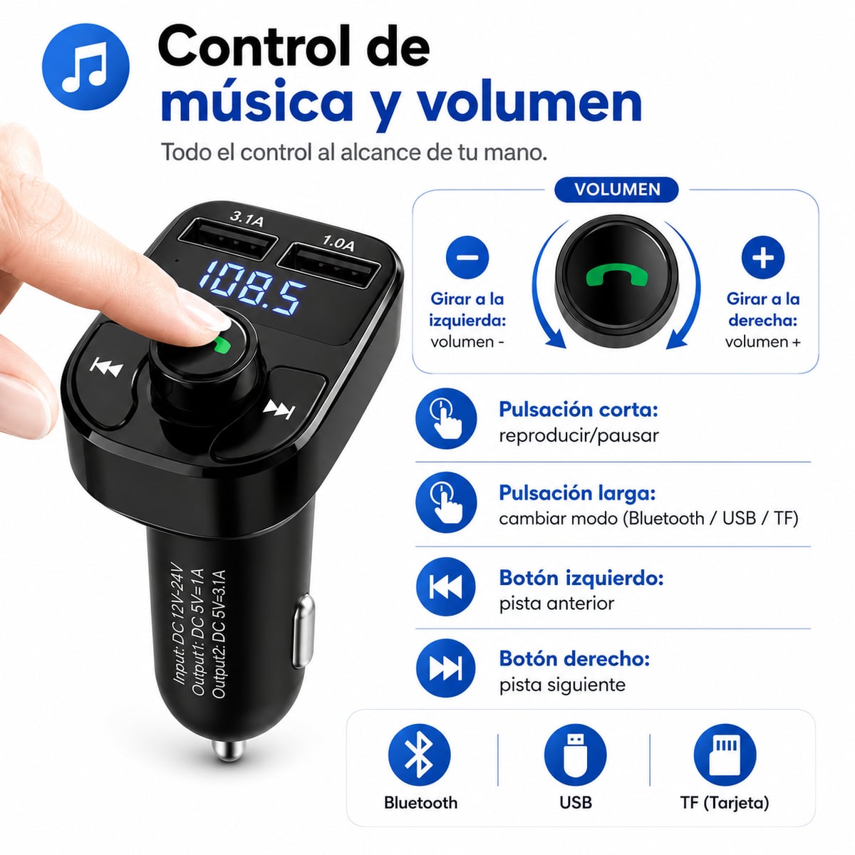 AutoConnect Bluetooth FM – Música, Llamadas Manos Libres y Carga USB
