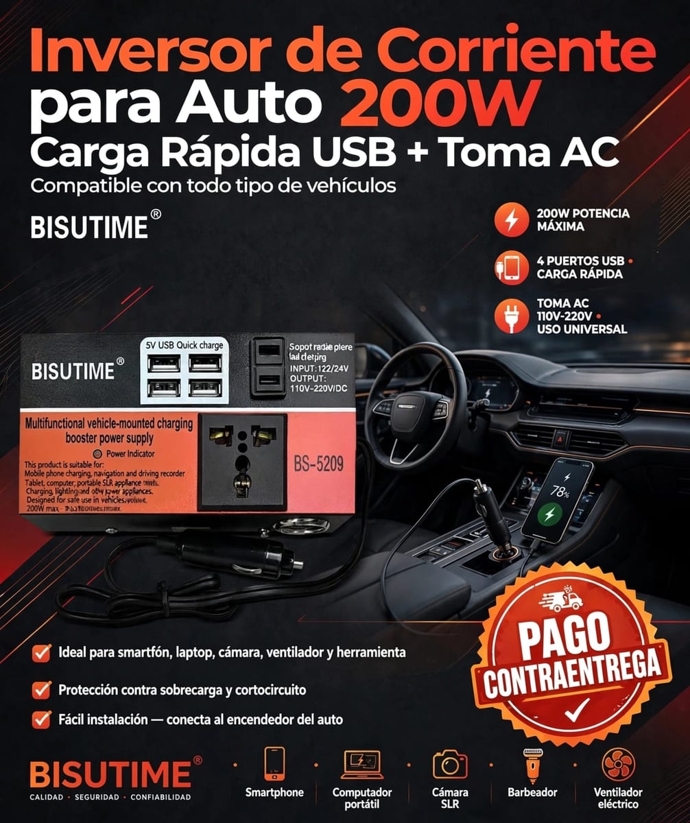 Portable Car Inverter® Carga cualquier dispositivo en minutos desde tu automóvil