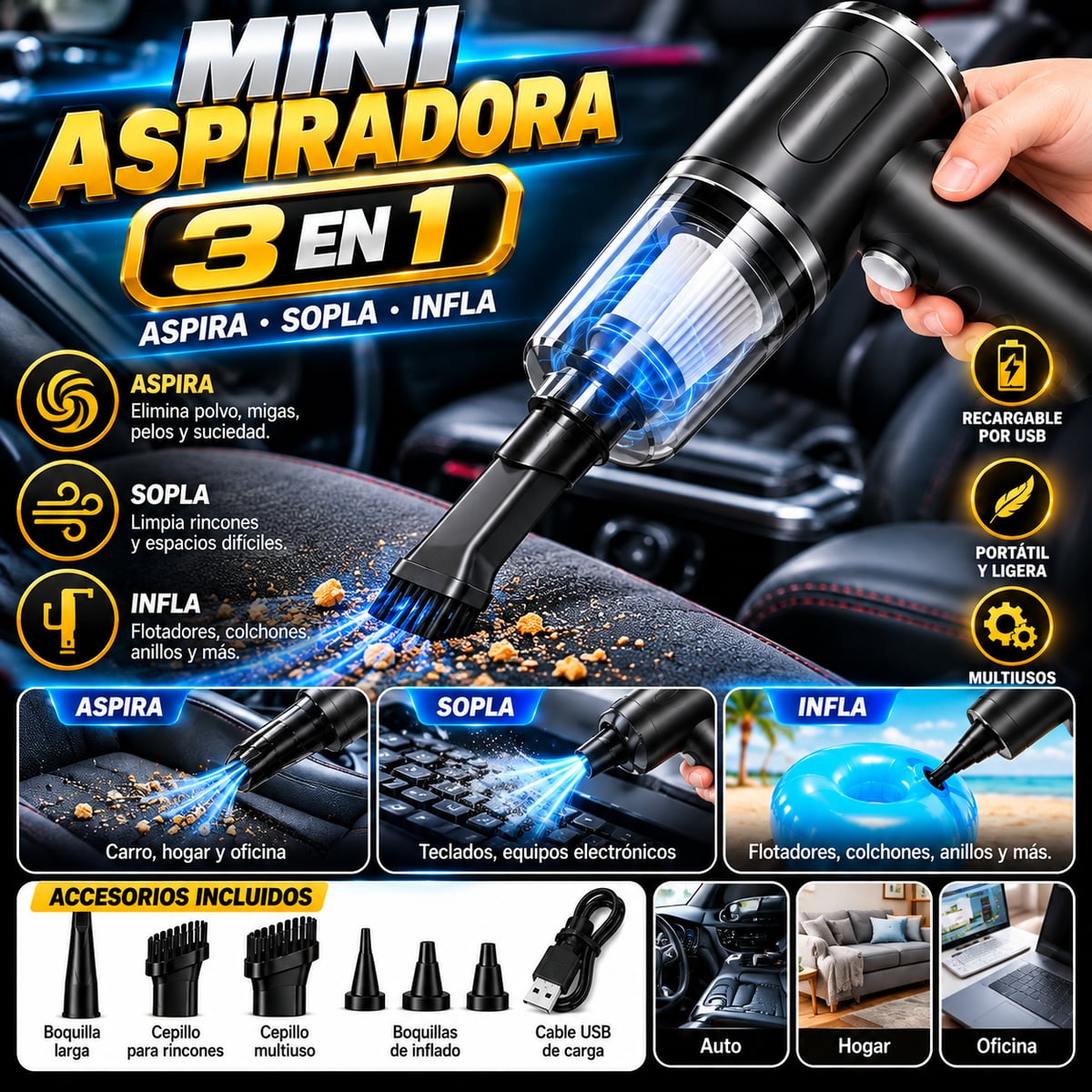 Aspiradora de Mano 3 en 1 Recargable y Portátil