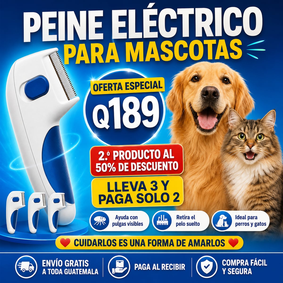 Peine Eléctrico Mata Pulgas para Mascotas 🐶🐱✨ Envio Gratis