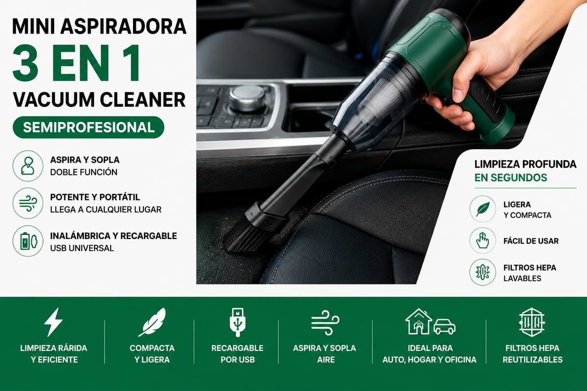 🌟 Mini Aspiradora Turbo. Potencia, Comodidad y Limpieza Total