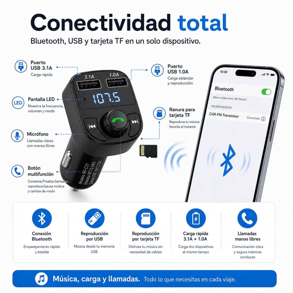 AutoConnect Bluetooth FM – Música, Llamadas Manos Libres y Carga USB