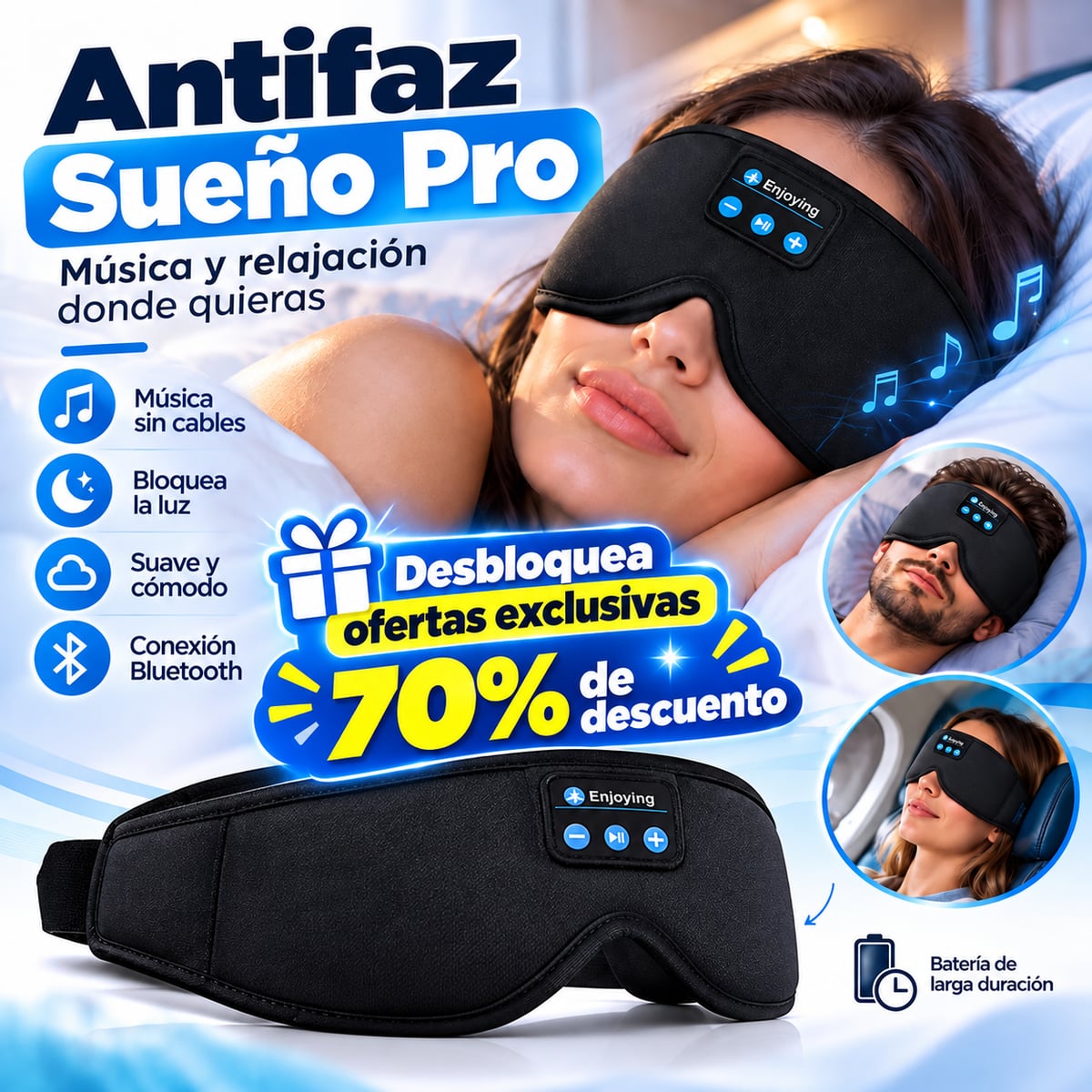 Antifaz Sueño Pro 🧘🎧🧠💤 ¡APAGA EL RUIDO DEL DÍA Y ENCIENDE TU DESCANSO! Antifaz con audífonos integrados. 🎧✨ENVIO GRATIS