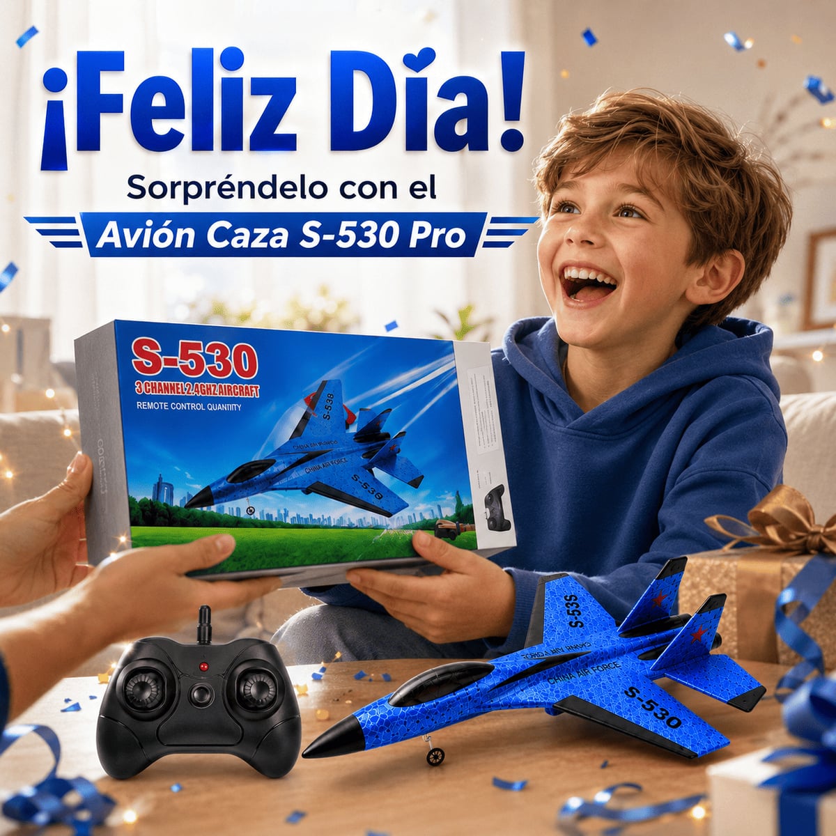 Avión caza S-530 Pro. Vuela Como Un Piloto de Combate — Colores al azar, mayormente azul.