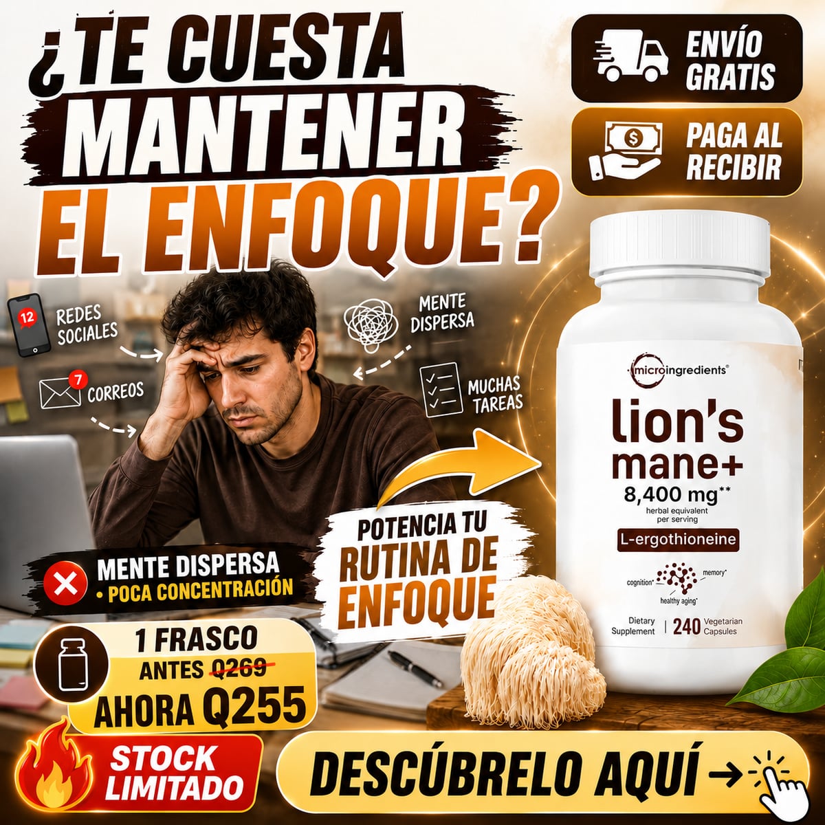 🧠 Lion’s Mane+ | Activa tu Enfoque, Memoria y Claridad Mental 🦁✨