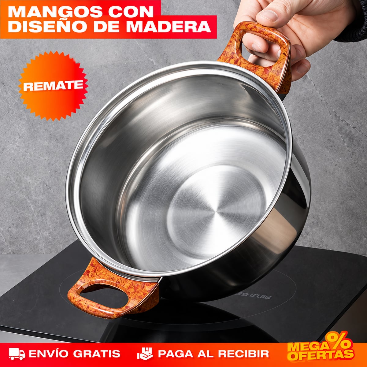 Set 12 Piezas de Ollas y Sartenes de Acero Inoxidable con Diseño de Madera – Set de Utensilios de Cocina de REGALO 🎁