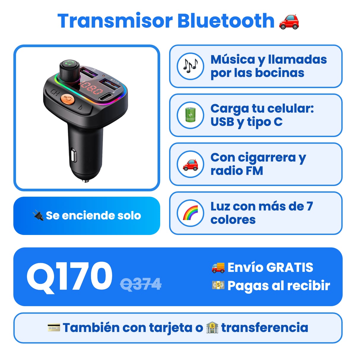 Transmisor Bluetooth y Cargador Tipo C - USB Carga rápida ✨