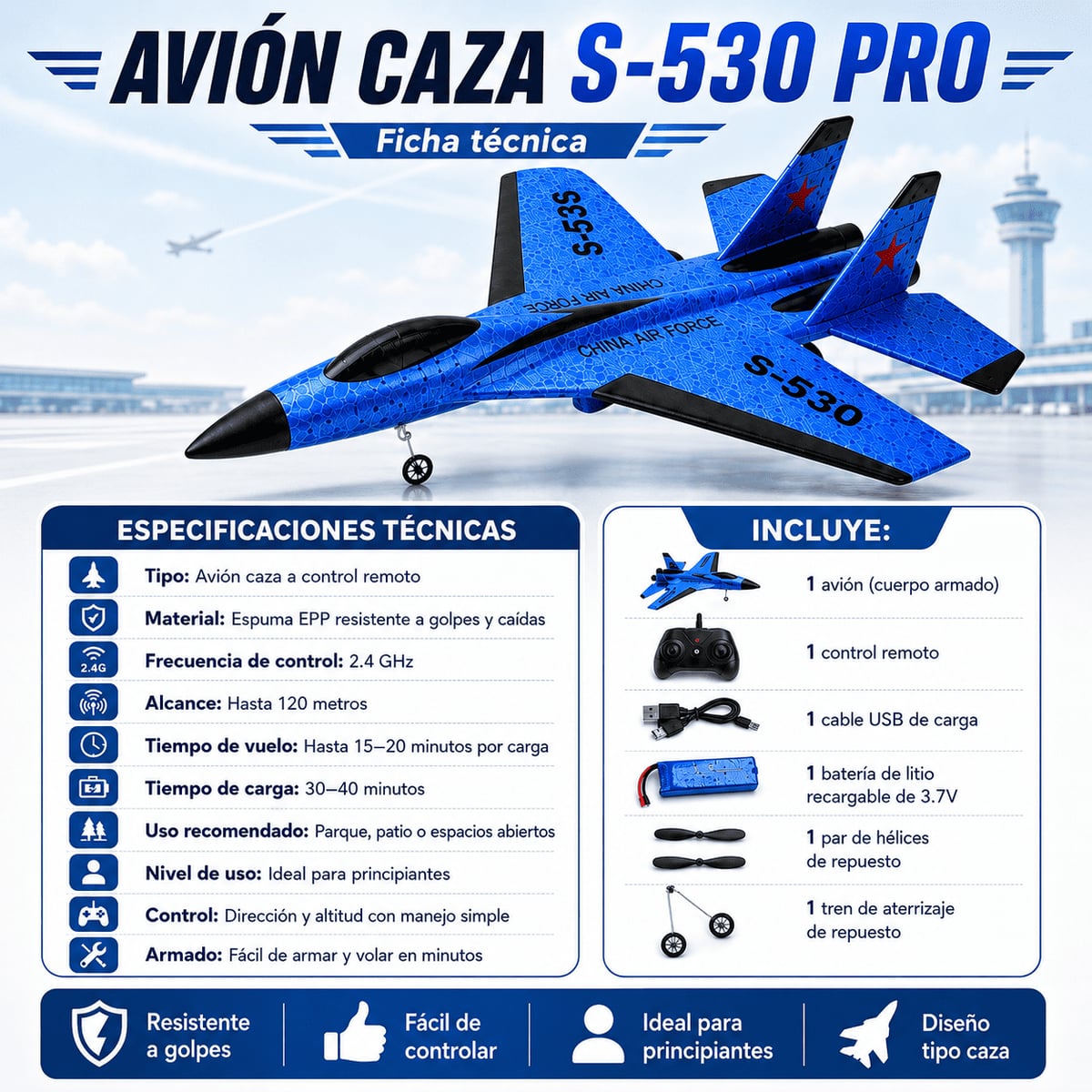 Avión caza S-530 Pro. Vuela Como Un Piloto de Combate — Colores al azar, mayormente azul.