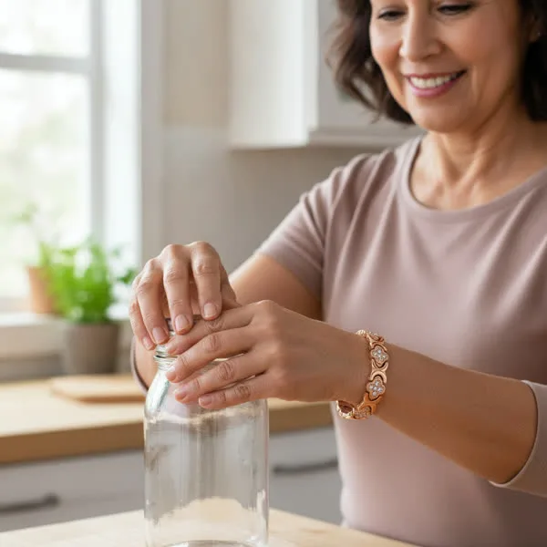 Señora sirviendo agua con su pulsera