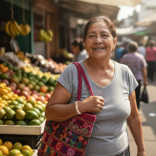 Señora en el mercado con su pulsera