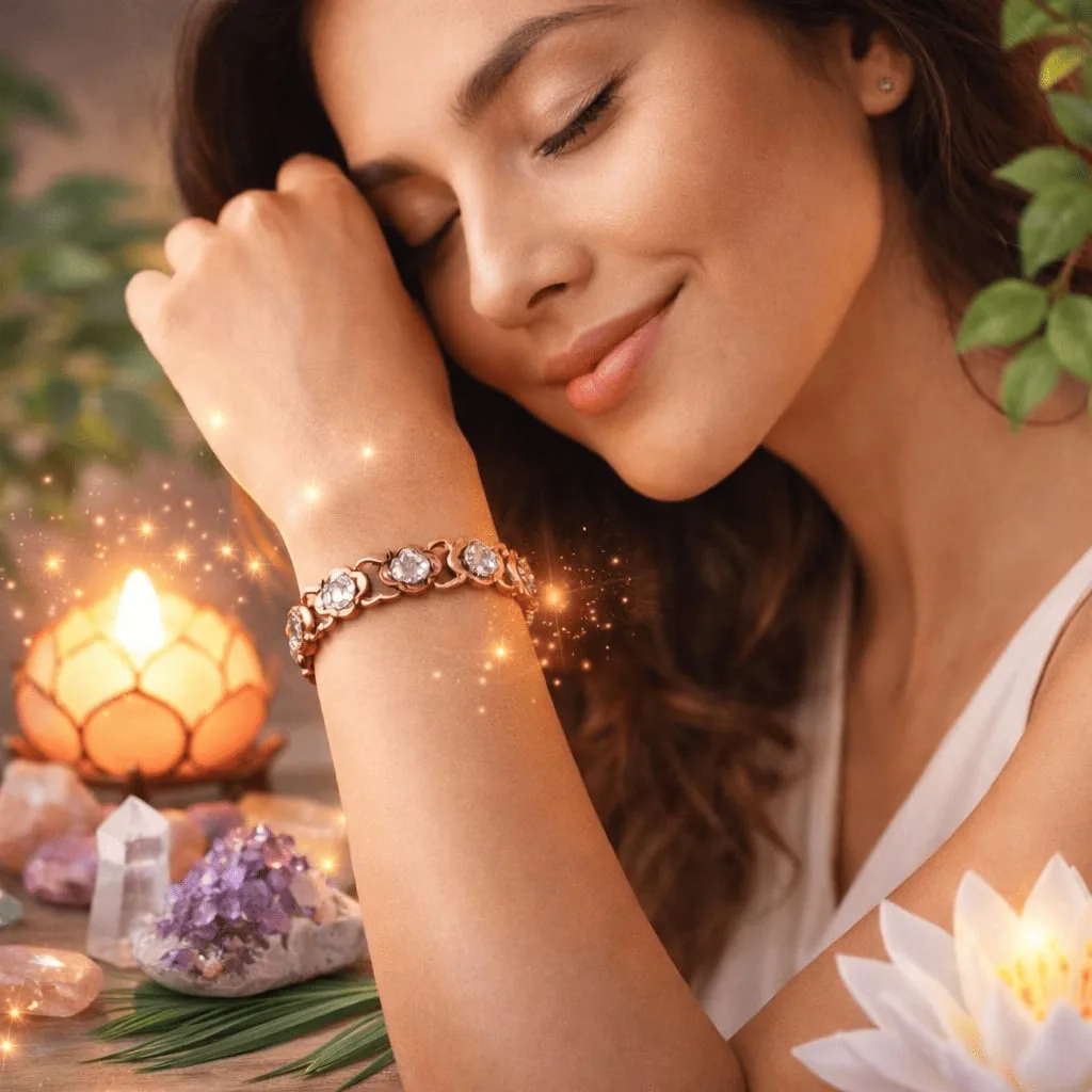Pulsera COBRIA tono cobre con cristales rojos