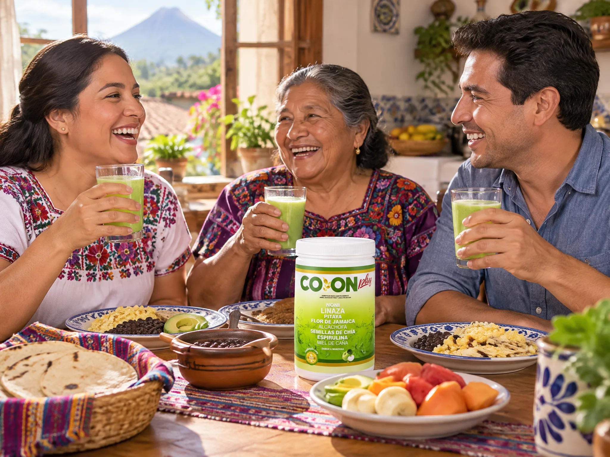 Familia guatemalteca desayunando con COLON Plus